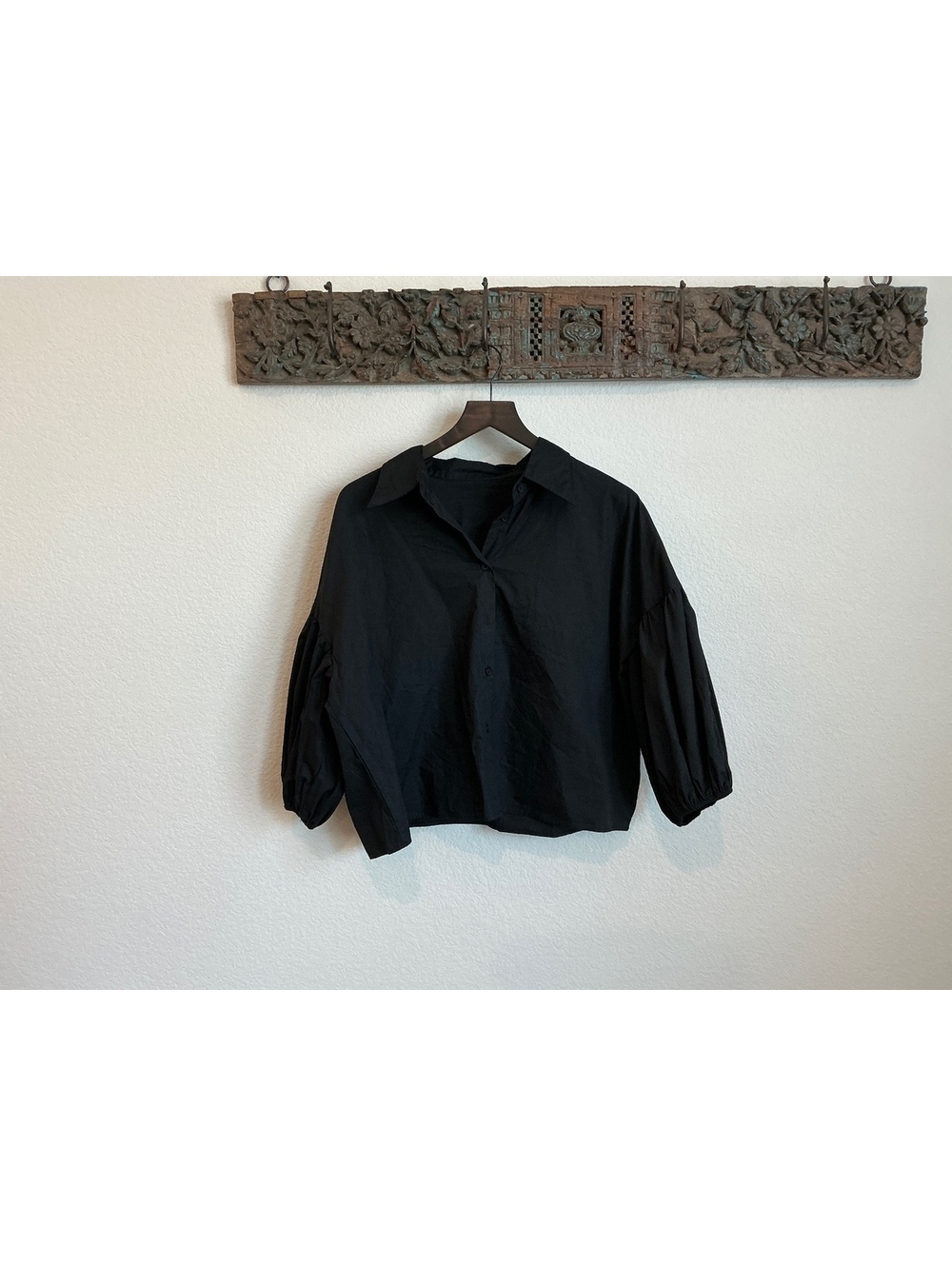 Black Button-Up Shirt with Puff Sleeves